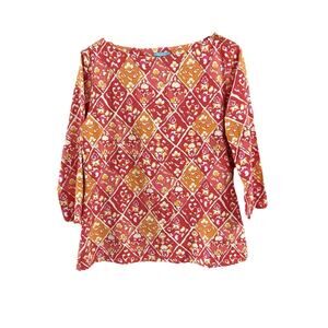 J. McLaughlin Catalina Cloth Red Orange Floral Diamond Boatneck Top Sz L 3/4 Slv